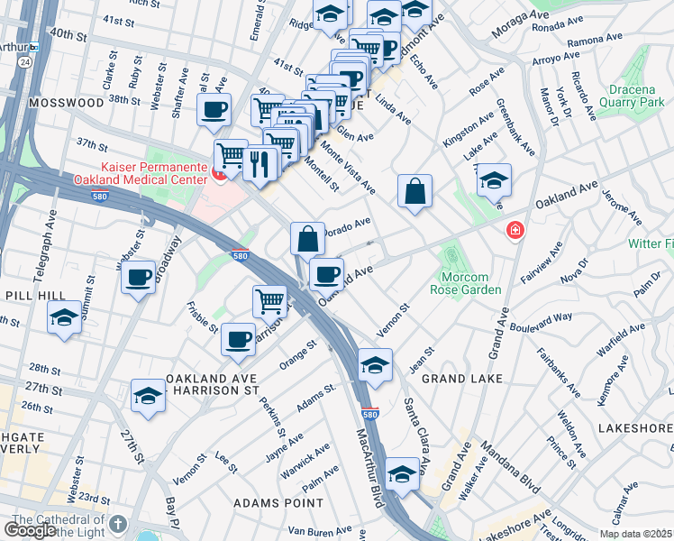 map of restaurants, bars, coffee shops, grocery stores, and more near in Oakland