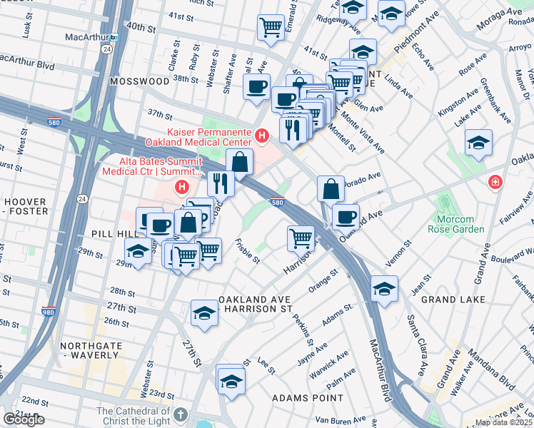 map of restaurants, bars, coffee shops, grocery stores, and more near 3458 Richmond Boulevard in Oakland