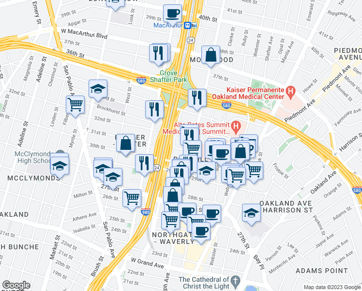 map of restaurants, bars, coffee shops, grocery stores, and more near 537 32nd Street in Oakland