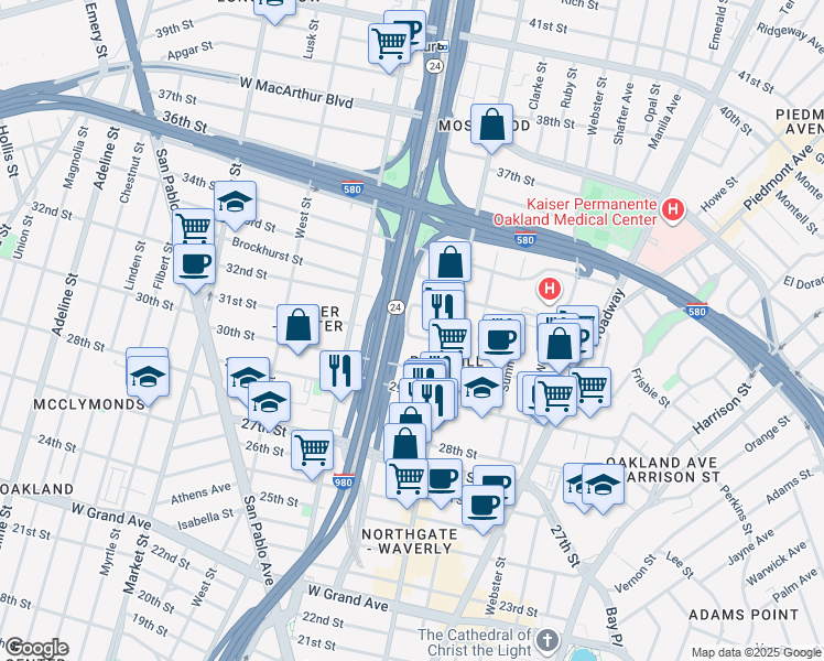 map of restaurants, bars, coffee shops, grocery stores, and more near 537 32nd Street in Oakland