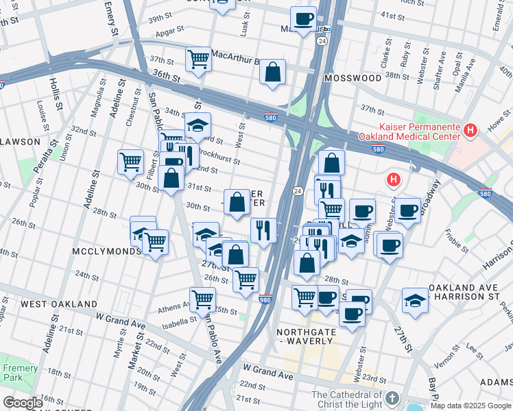 map of restaurants, bars, coffee shops, grocery stores, and more near 3115 Martin Luther King Junior Way in Oakland