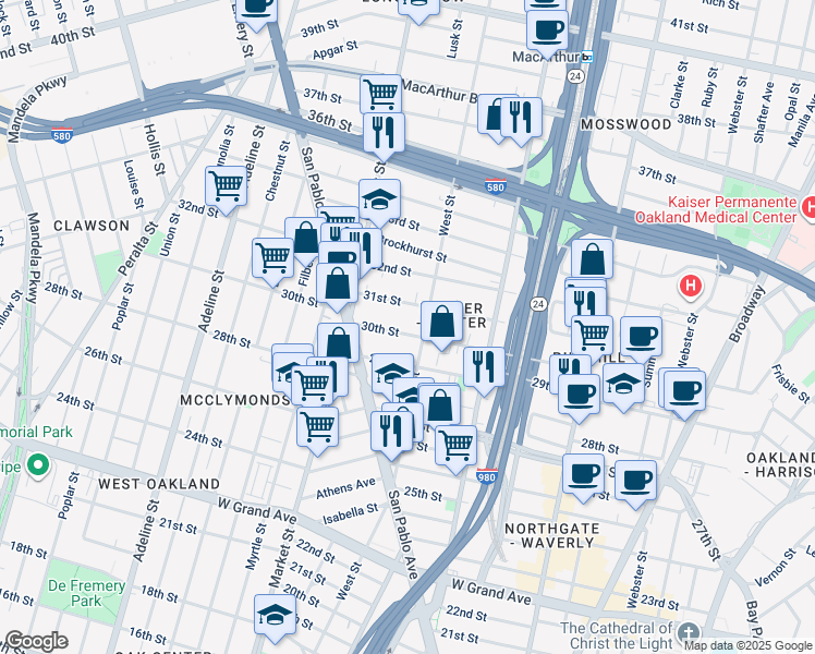 map of restaurants, bars, coffee shops, grocery stores, and more near 819 31st Street in Oakland