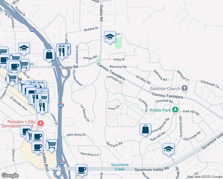 map of restaurants, bars, coffee shops, grocery stores, and more near 851 Luz Court in Danville