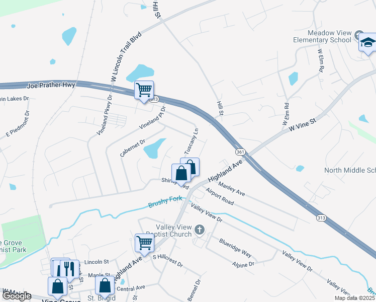 map of restaurants, bars, coffee shops, grocery stores, and more near 138 Tuscany Lane in Vine Grove