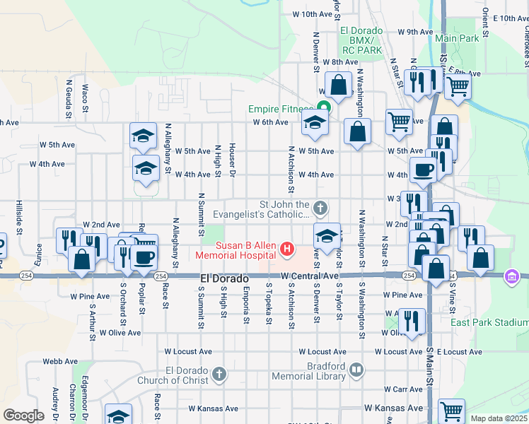 map of restaurants, bars, coffee shops, grocery stores, and more near 325 North Topeka Street in El Dorado