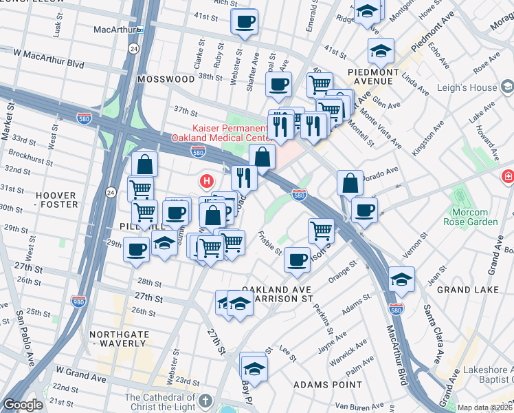 map of restaurants, bars, coffee shops, grocery stores, and more near 35 Randwick Avenue in Oakland