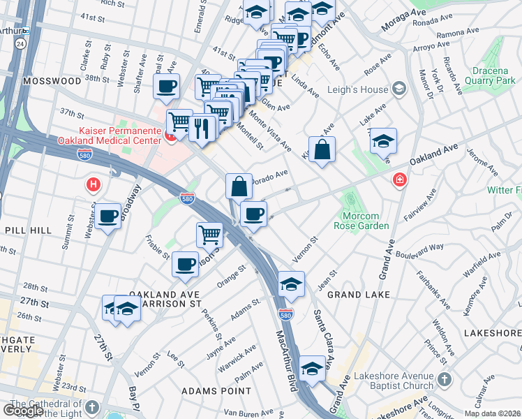 map of restaurants, bars, coffee shops, grocery stores, and more near 3750 Harrison Street in Oakland