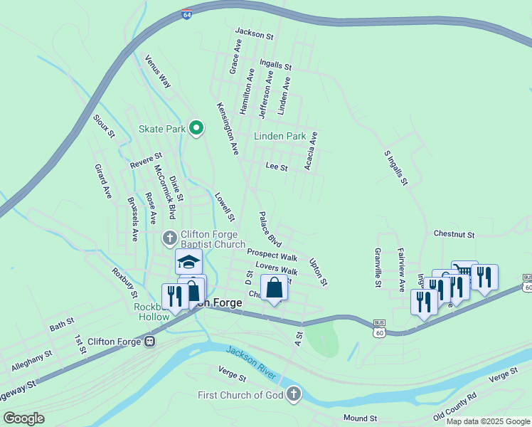 map of restaurants, bars, coffee shops, grocery stores, and more near 712 Palace Boulevard in Clifton Forge