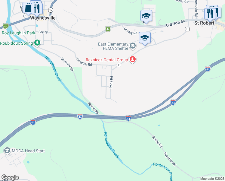 map of restaurants, bars, coffee shops, grocery stores, and more near 803 Paris Road in Waynesville
