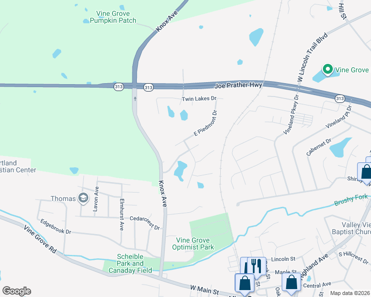 map of restaurants, bars, coffee shops, grocery stores, and more near 119 Victory Lake Drive in Vine Grove