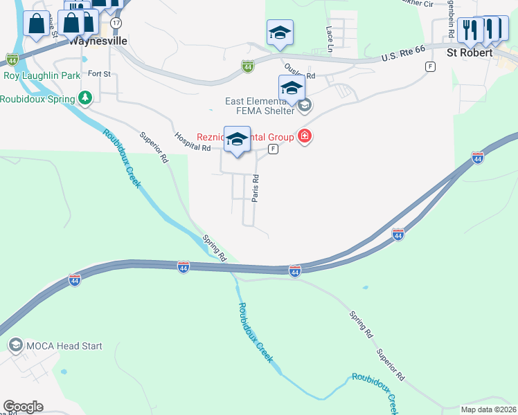 map of restaurants, bars, coffee shops, grocery stores, and more near 803 Paris Road in Waynesville