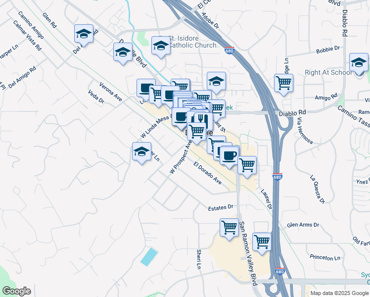 map of restaurants, bars, coffee shops, grocery stores, and more near 185 Railroad Avenue in Danville