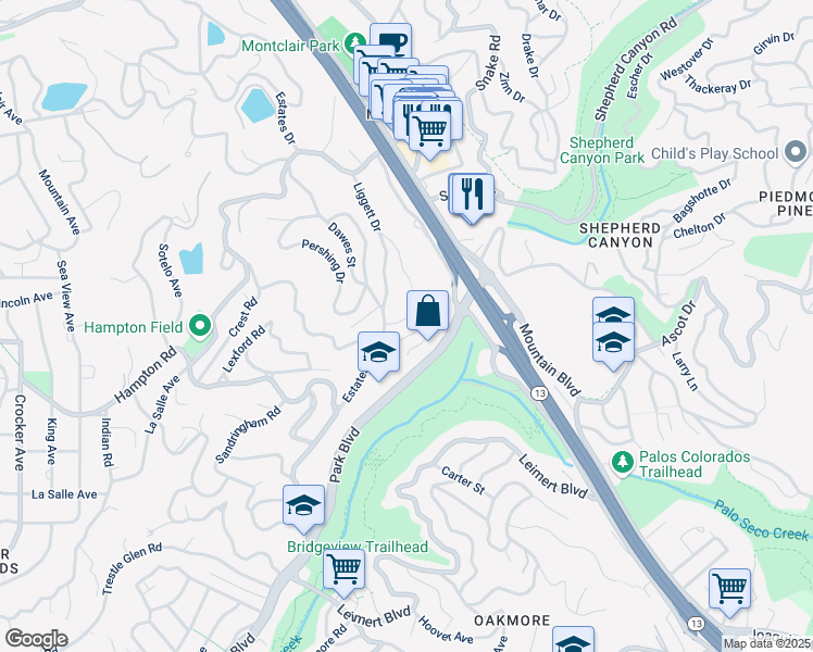 map of restaurants, bars, coffee shops, grocery stores, and more near 6768 Sims Drive in Oakland