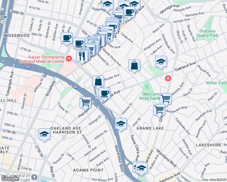 map of restaurants, bars, coffee shops, grocery stores, and more near 3806 Harrison Street in Oakland