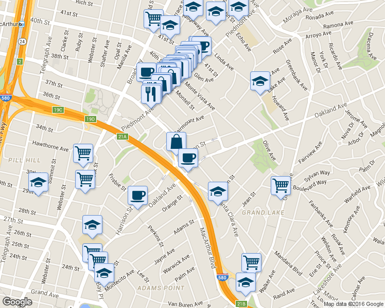 map of restaurants, bars, coffee shops, grocery stores, and more near in Oakland