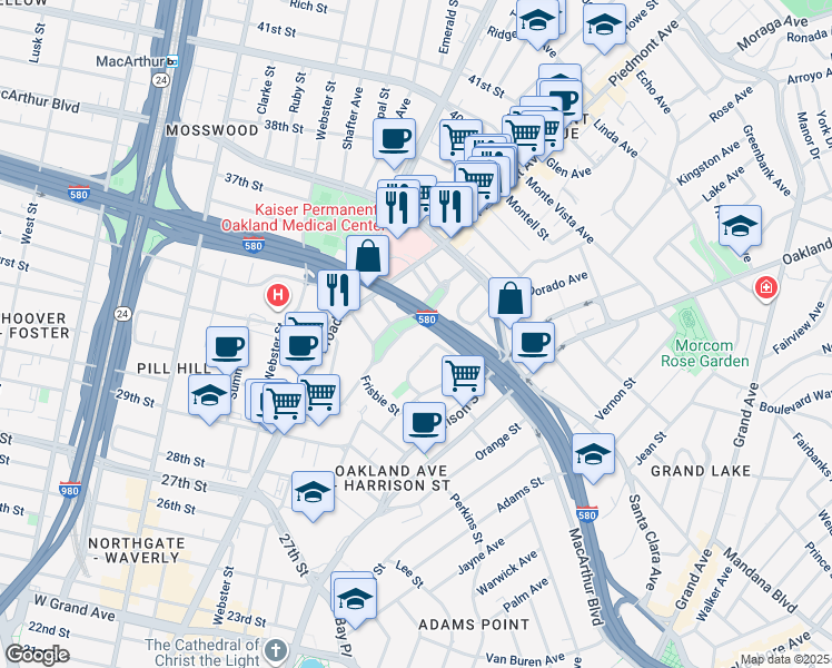map of restaurants, bars, coffee shops, grocery stores, and more near 3458 Richmond Boulevard in Oakland