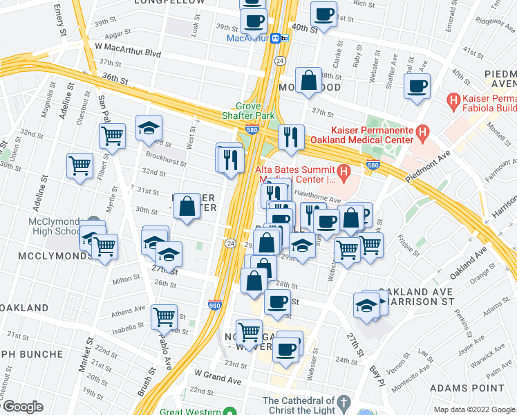 map of restaurants, bars, coffee shops, grocery stores, and more near 537 32nd Street in Oakland