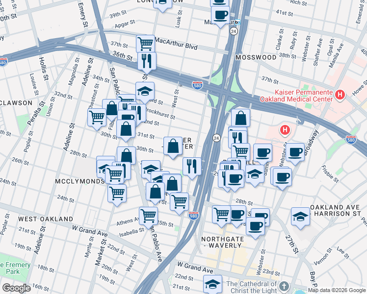 map of restaurants, bars, coffee shops, grocery stores, and more near 714 31st Street in Oakland