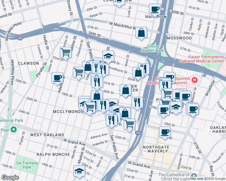 map of restaurants, bars, coffee shops, grocery stores, and more near 819 31st Street in Oakland