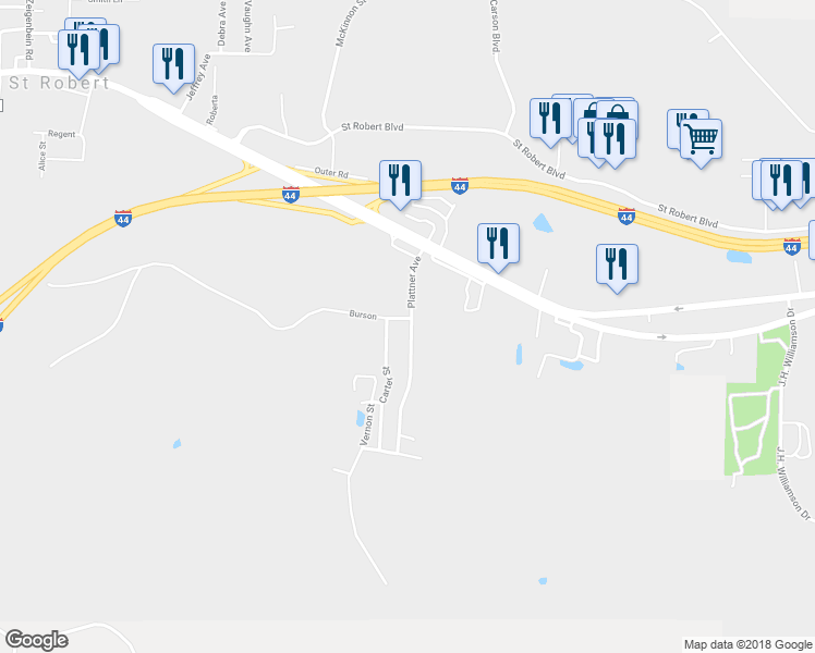 map of restaurants, bars, coffee shops, grocery stores, and more near 110 Burson in Saint Robert