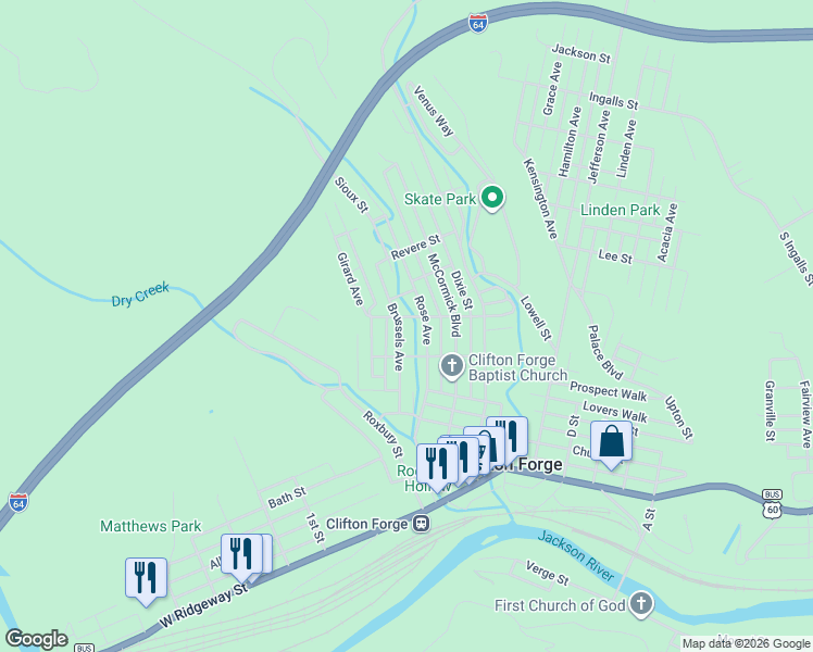 map of restaurants, bars, coffee shops, grocery stores, and more near 709 Rose Avenue in Clifton Forge