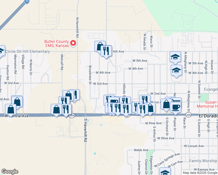map of restaurants, bars, coffee shops, grocery stores, and more near 337 Hillcrest Street in El Dorado