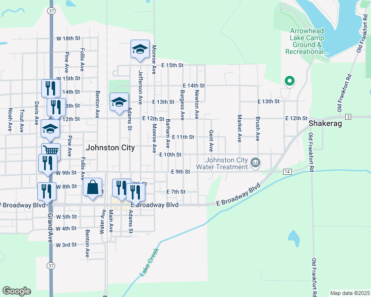 map of restaurants, bars, coffee shops, grocery stores, and more near 1000-1098 Burgess Avenue in Johnston City