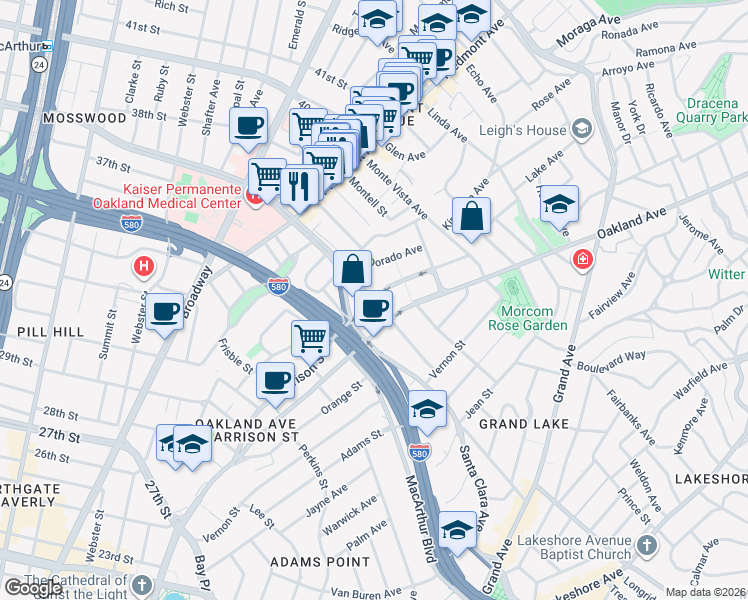 map of restaurants, bars, coffee shops, grocery stores, and more near Harrison St & Moss Ave in Oakland