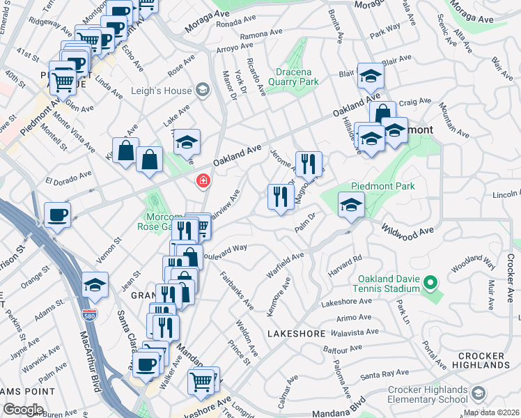 map of restaurants, bars, coffee shops, grocery stores, and more near 50 Nova Drive in Piedmont