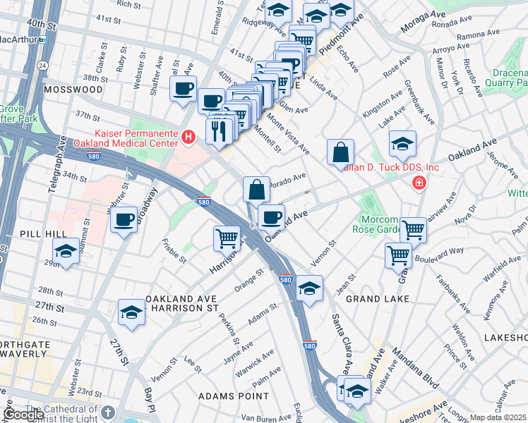 map of restaurants, bars, coffee shops, grocery stores, and more near 3545 Harrison Street in Oakland