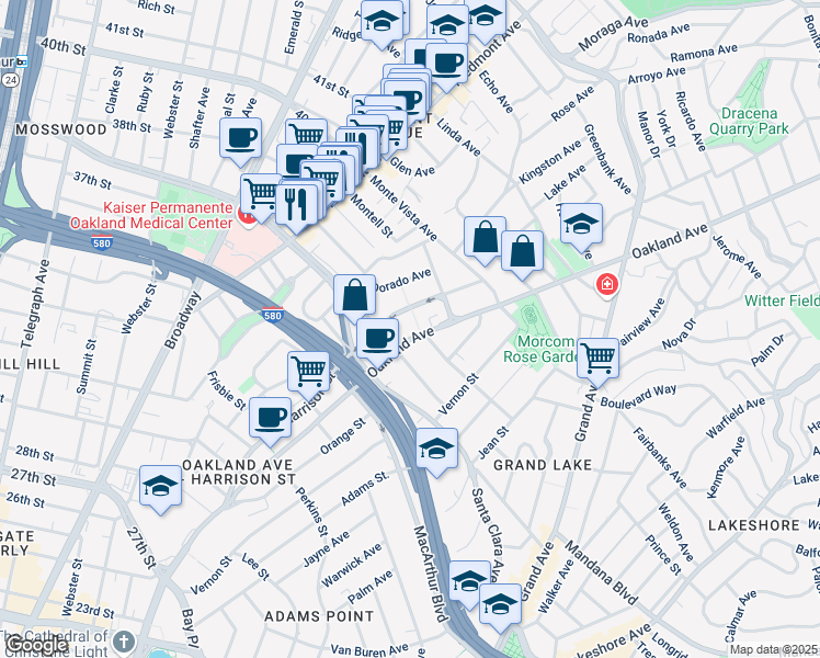 map of restaurants, bars, coffee shops, grocery stores, and more near 3806 Harrison Street in Oakland