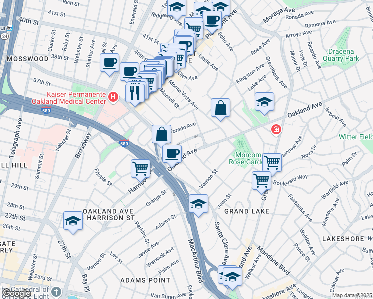 map of restaurants, bars, coffee shops, grocery stores, and more near in Piedmont