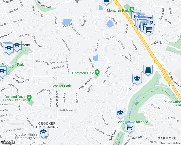 map of restaurants, bars, coffee shops, grocery stores, and more near 1 Sotelo Avenue in Piedmont