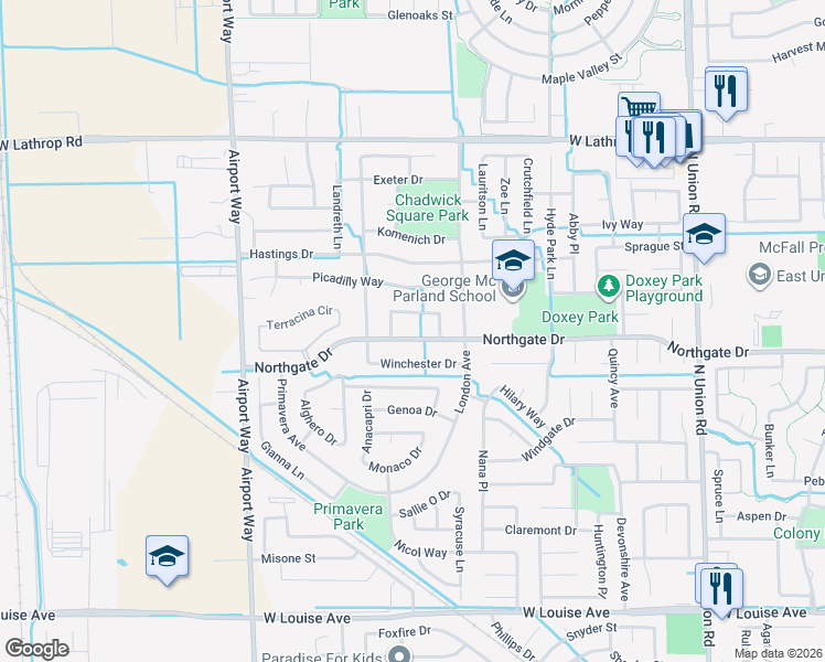 map of restaurants, bars, coffee shops, grocery stores, and more near 1759 Northgate Drive in Manteca