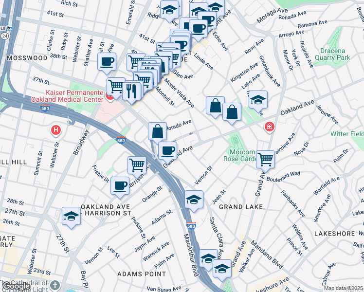 map of restaurants, bars, coffee shops, grocery stores, and more near 567 Oakland Avenue in Oakland