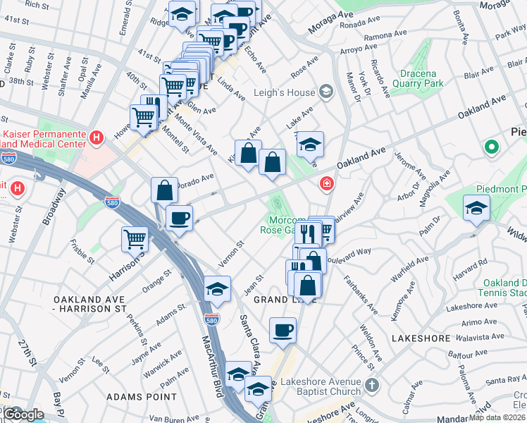 map of restaurants, bars, coffee shops, grocery stores, and more near 693 Vernon Street in Oakland