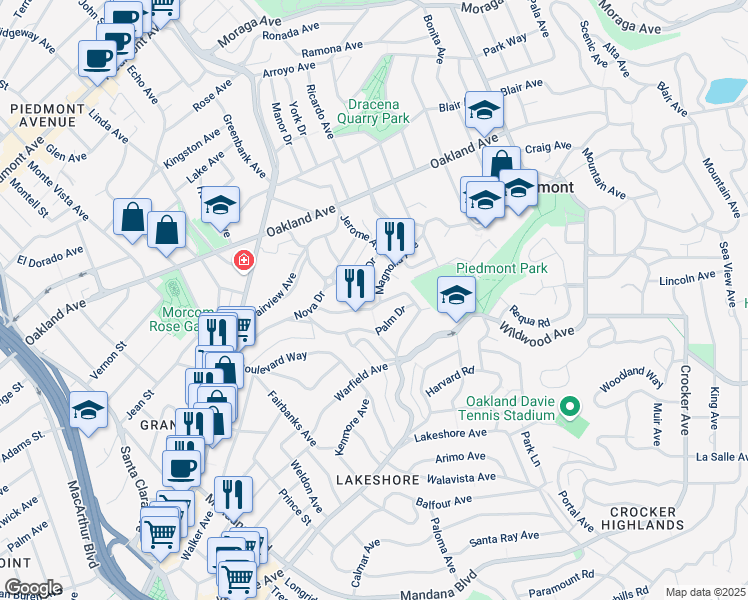 map of restaurants, bars, coffee shops, grocery stores, and more near 227 Magnolia Avenue in Piedmont