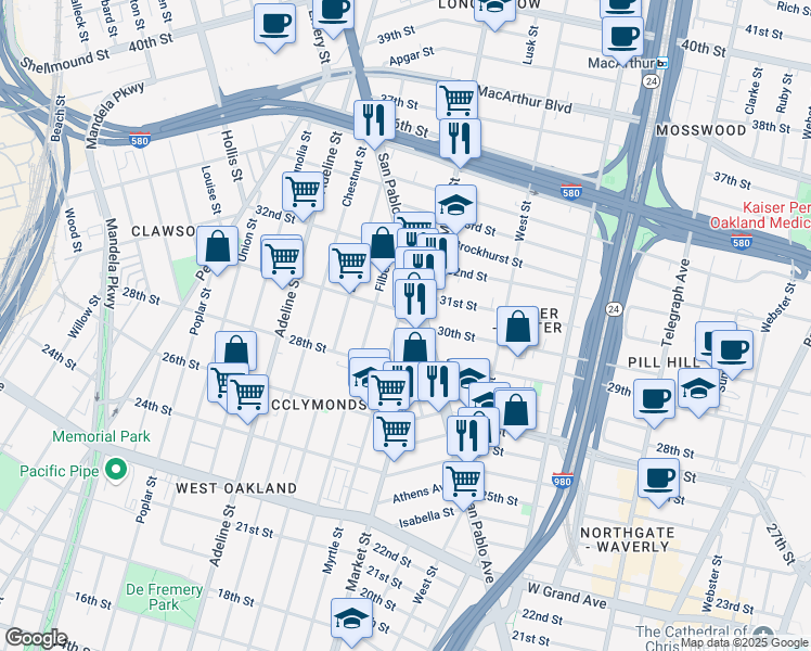map of restaurants, bars, coffee shops, grocery stores, and more near in Oakland