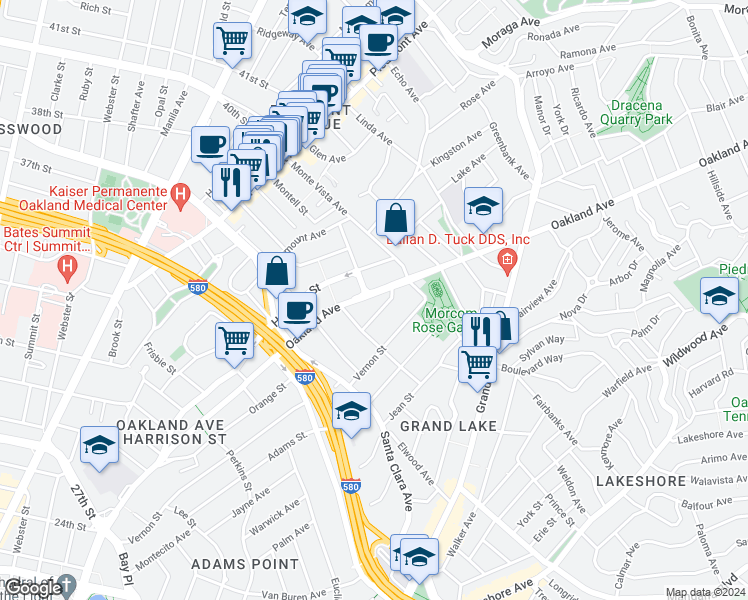 map of restaurants, bars, coffee shops, grocery stores, and more near 655 Oakland Avenue in Oakland