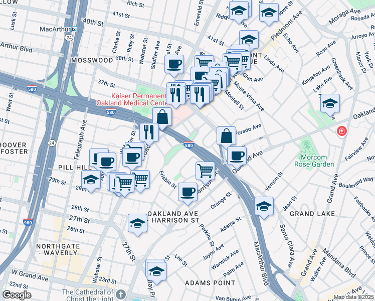 map of restaurants, bars, coffee shops, grocery stores, and more near 3458 Richmond Boulevard in Oakland