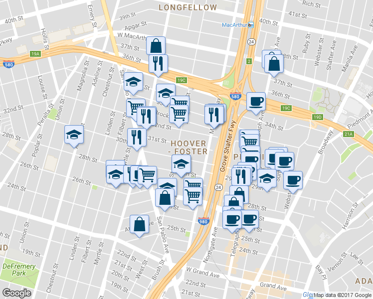 map of restaurants, bars, coffee shops, grocery stores, and more near 714 31st Street in Oakland
