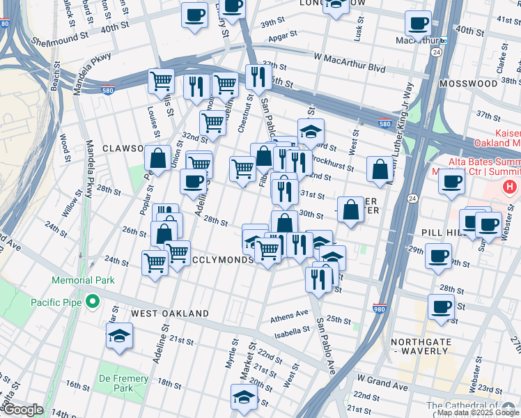 map of restaurants, bars, coffee shops, grocery stores, and more near 2933 Filbert Street in Oakland