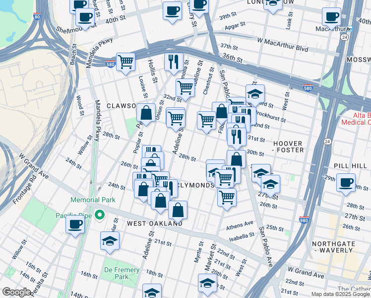 map of restaurants, bars, coffee shops, grocery stores, and more near 2842 Adeline Street in Oakland
