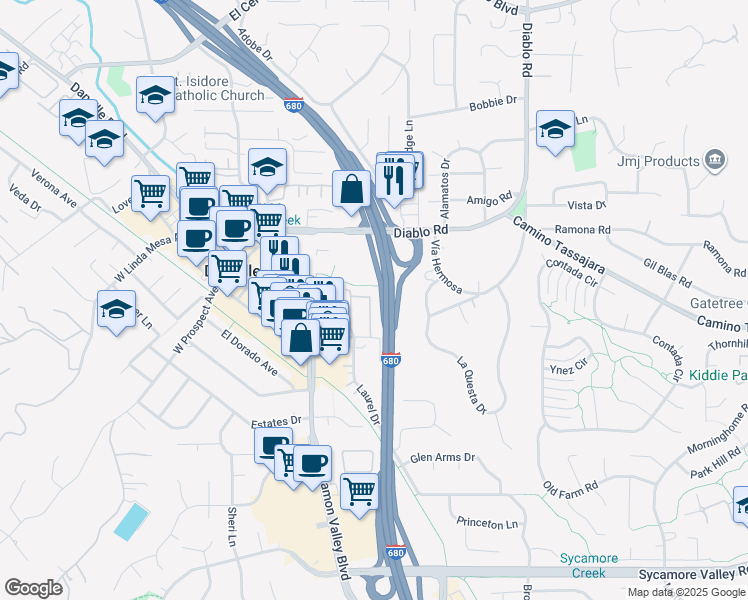 map of restaurants, bars, coffee shops, grocery stores, and more near 1131 River Rock Lane in Danville