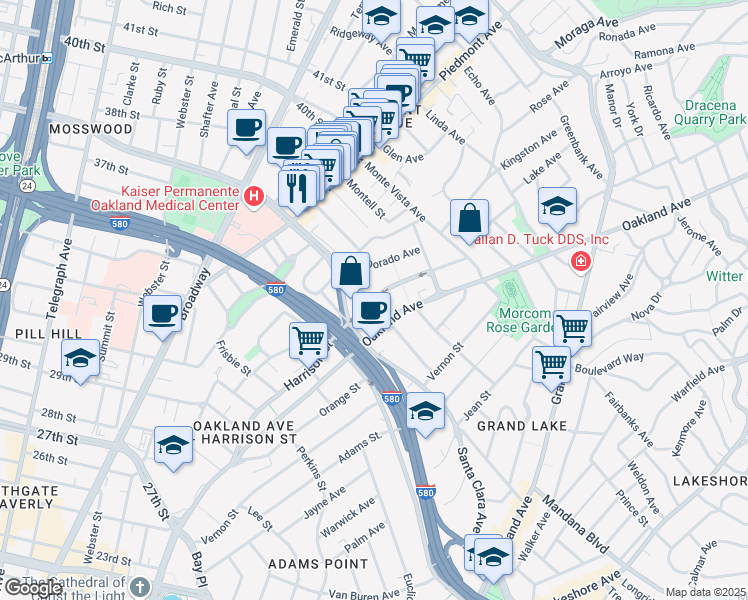 map of restaurants, bars, coffee shops, grocery stores, and more near 3729 Harrison Street in Oakland
