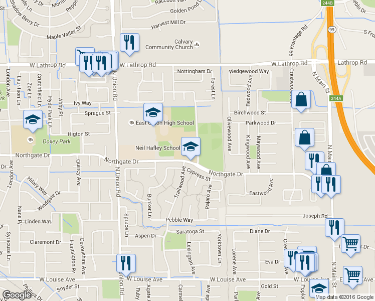 map of restaurants, bars, coffee shops, grocery stores, and more near 849 Northgate Drive in Manteca