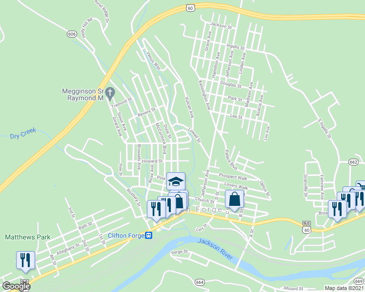 map of restaurants, bars, coffee shops, grocery stores, and more near 508 Court Street in Clifton Forge