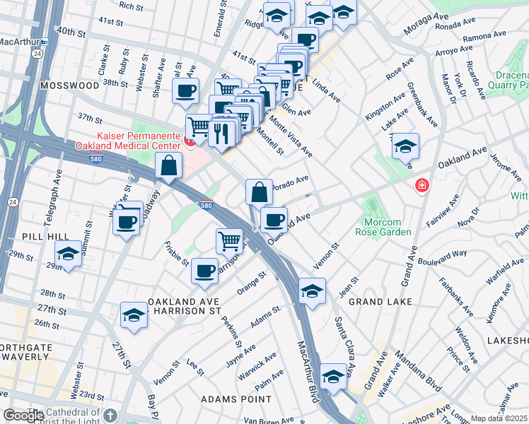 map of restaurants, bars, coffee shops, grocery stores, and more near 115 Moss Avenue in Oakland