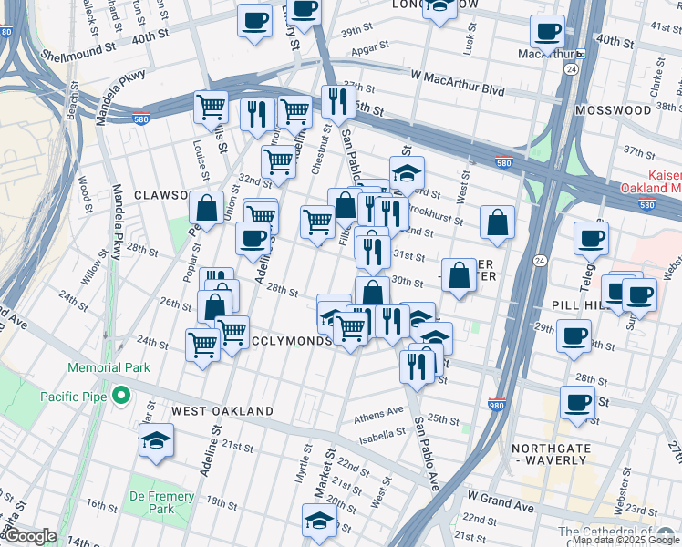 map of restaurants, bars, coffee shops, grocery stores, and more near 2933 Filbert Street in Oakland