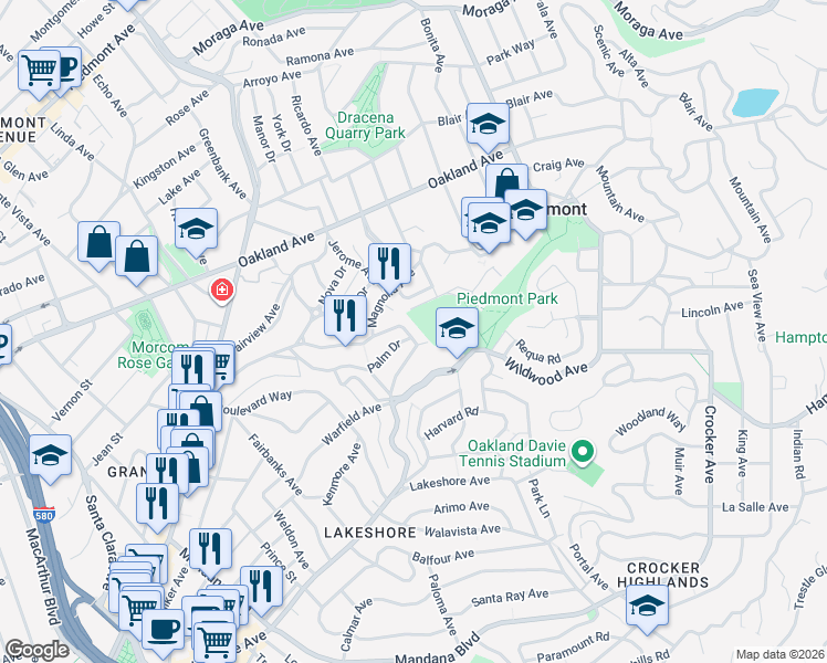 map of restaurants, bars, coffee shops, grocery stores, and more near 245 Park View Avenue in Piedmont
